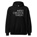 Shopify Black Hoodie featuring white text "ARTIST. CREATOR. THREAT." on the front, with a hood and front pocket.