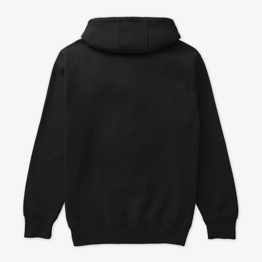 Back view of a plain Shopify black hoodie, highlighting the hood and long sleeves with ribbed cuffs.