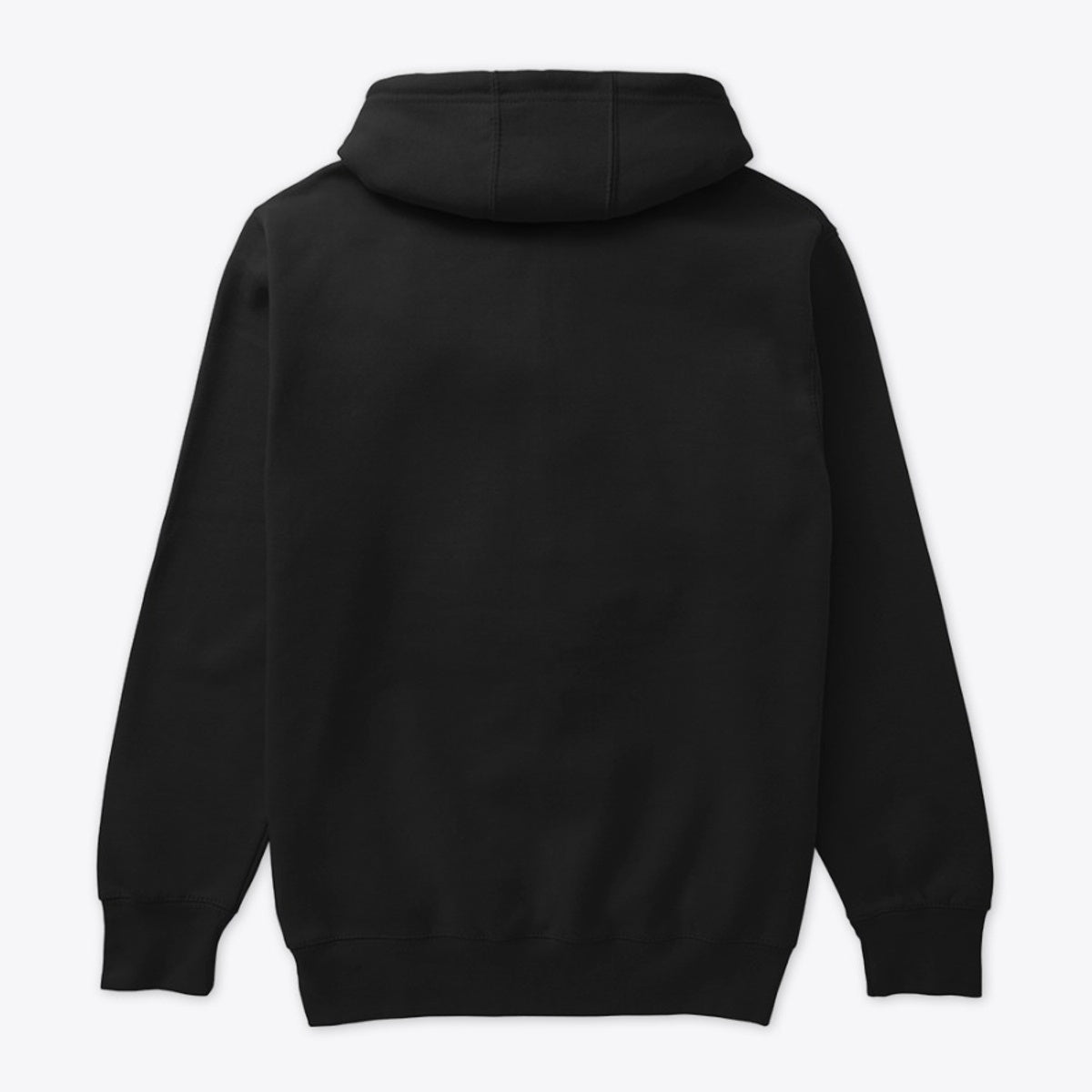 Back view of a plain Shopify black hoodie, highlighting the hood and long sleeves with ribbed cuffs.