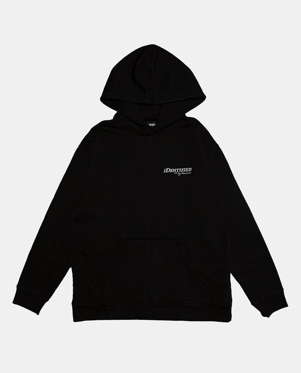 Shopify Black Hoodie with white 'iDentified' logo on the chest, long sleeves, and a front kangaroo pocket.